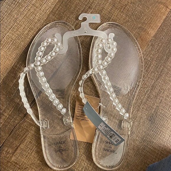 Shade & Shore Shoes - Shade & Shore Clear Pearl-Embellished Jelly Sandals - White Pearls